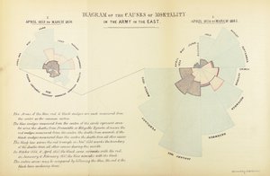 Statistisk diagram oppfunnet av Florence Nightingale for å vise overvekt av sykdom som en årsak til dødelighet i den britiske hæren under Krim-krigen, april 1854 til mars 1855 og april 1855 til Ma av English School