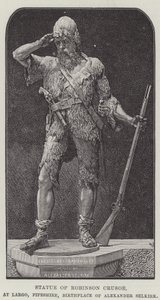 Statue av Robinson Crusoe, ved Largo, Fifeshire, fødestedet til Alexander Selkirk (gravering) av English School