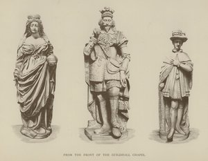 Statuer av dronning Elizabeth I, kong Charles I og kong Edward VI fra forsiden av Guildhall Chapel, City of London av English School