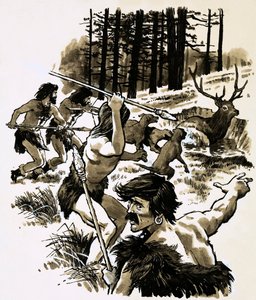 Steinalderjegere (gouache på papir) av English School