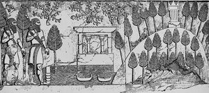Steinrelieff av et tempel og en kunstig ås i parken Sargon II i Khorsabad, ca. 715 f.Kr. av English School