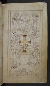Stowe 944 f.6 King Cnut and his Queen, Aelfgyfu, presenting a cross upon the altar of the New Minster, 