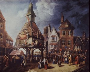 Stratford-on-Avon, Shakespeare Jubilee i 1769 ved High Cross (farge litho) av English School