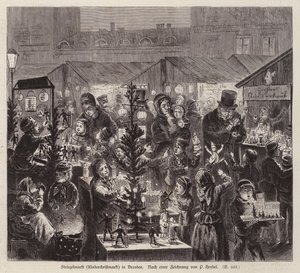 Striezelmarkt julemarked, Dresden, Tyskland (gravering) av English School