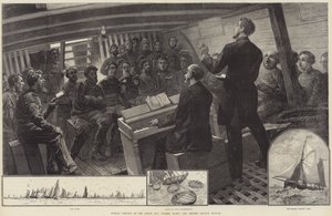 Søndagsgudstjeneste i Nordsjøfiskeflåten, Thames Church Mission (gravering) av English School