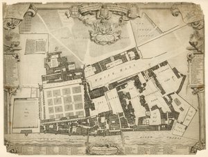 Oppmåling og grunntomt til Royal Palace of Whitehall, 1680, med losji og leiligheter som tilhører deres Majesteter av English School