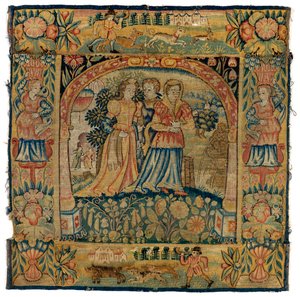 Putetrekk av billedvev som viser Susannah på vei til badet, laget i Sheldon, England, etter 1600 (ull) av English School