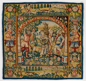 Putetrekk av billedvev som viser The Stoning of Elders (ett av sett med seks Sheldon-tepper, bestående av 47,9 til 47,14), laget i Sheldon, England, hvis det er ekte av English School