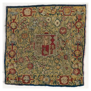 Putetrekk av billedvev som viser Arms of Sacheverell, laget i Sheldon, England, etter 1600 (ull og silke) av English School