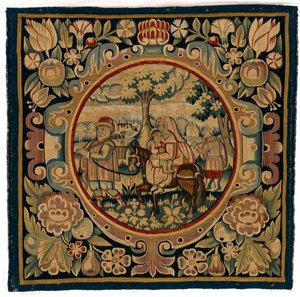Putetrekk av billedvev som viser Flight into Egypt, muligens laget i Sheldon, England, tidlig på 1600-tallet (ull) av English School