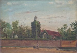 Teddington Church Middlesex, ca. 1900 (olje på lerret) av English School
