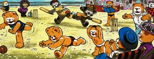 Teddybären spielen Cricket am Strand von English School