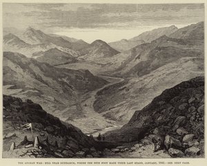 Den afghanske krigen, Hill nær Gundamuk, der 44th Foot gjorde sitt siste standpunkt, januar 1842 (gravering) av English School