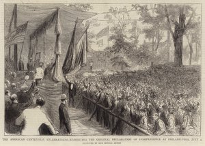 The American Centennial Celebrations, som viser den originale uavhengighetserklæringen i Philadelphia, 4. juli (gravering) av English School