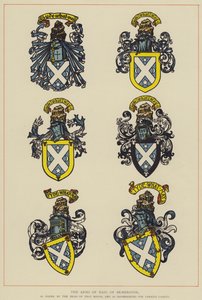 The Arms of Haig of Bemersyde, som båret av lederen av det huset, og som forskjellig for forskjellige kadetter (farge litho) av English School