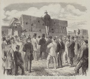 Artillerieksperimentene ved Shoeburyness, inspeksjon av La Gloire-målet etter skytingen (gravering) av English School