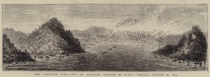 Ashantee-krigen, utsikt over Aquidah, avskallet av HMS "Druid", 28. august 1873 (gravering) av English School