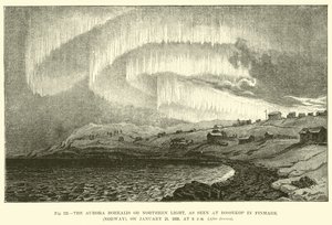 Aurora Borealis eller nordlys, sett ved Bossekop i Finnmark (Norge), 21. januar 1839, kl. av English School