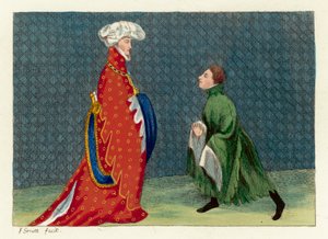 Forfatteren viser respekt til en Gascoigne-ridder (farget gravering) av English School