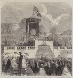 Prisutdelingen på den internasjonale utstillingen, del av statsseremonien på den øvre terrassen i Hagebruksforeningens hager (gravering) av English School