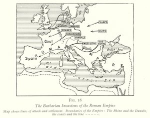 De barbariske invasjonene av Romerriket (litho) av English School