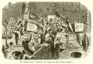 Boston Boys kaster Taxed Tea inn i Boston Harbor av English School