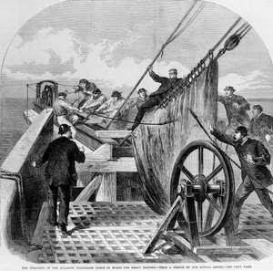 Brudd av Atlantic Telegraph Cable om bord på Great Eastern, 1865 (gravering) av English School