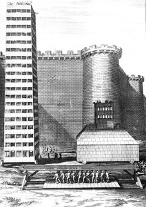Brick Tower and Musculus at the Siege of Marseilles, gravert av Cornelis Huyberts, illustrasjon fra Caesars Commentaries oversatt til engelsk av William Duncan, utgitt 1753 av English School