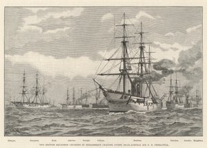 Den britiske skvadronen cruiser i Mosambik-kanalen under kontreadmiral Sir ER Fremantle (gravering) av English School