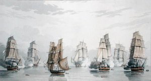 Den britiske skvadronen under kommando av kaptein Charles Marsh Schomberg og den franske skvadronen under kommando av Commodore Roquebert, ble beroliget kort tid etter starten av aksjonen utenfor Madagaskar, 20. mai 1811 (farge litho) av English School