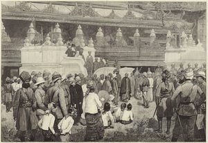 Den buddhistiske erkebiskopen av Burmah tar imot Sir Frederick Roberts i klosteret i Mandalay
