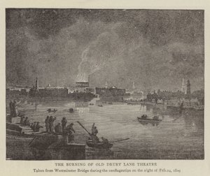 The Burning of Old Drury Lane Theatre (gravering) av English School
