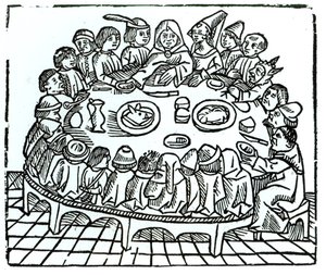 Canterbury-pilegrimene setter seg ned for et felles måltid, illustrasjon fra Geoffrey Chaucers (ca. 1345-1400) 