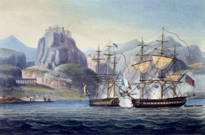 The Capture of the Var av HMS Belle Poule utenfor Korfu, 1809, fra The Naval Chronology of Great Britain, av J. Ralfe