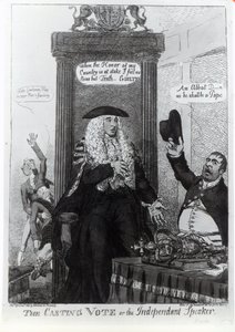The Casting Vote, eller den uavhengige høyttaleren, satirisk tegneserie som viser statsministeren, Henry Addington, 1805 (trykk) av English School