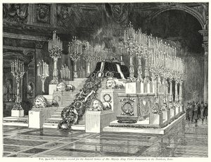 Katafalken reist for begravelsestjenesten til Hans Majestet Kong Victor Emmanuel, i Pantheon, Roma (gravering) av English School