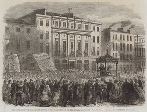 Ledelsen av Sir John Arnott i Cork etter fullføringen av hans tre års borgermesterskap, prosesjonen som passerte kommersielle bygninger (gravering) av English School