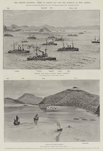 Det kinesiske spørsmålet, utsikt over Chefoo Bay og havnen i Port Arthur (litho) av English School