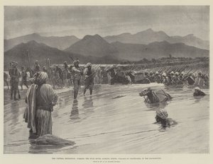 Chitral-ekspedisjonen, som forser Swat-elven, ser nordover; Landsbyen Chatedarra i bakgrunnen (litho) av English School