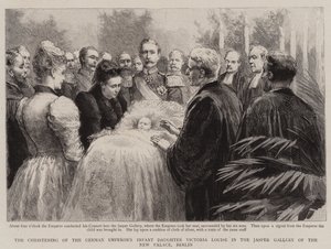 Dåpen til den tyske keiserens spedbarnsdatter Victoria Louise i Jasper Gallery i det nye palasset, Berlin (gravering) av English School