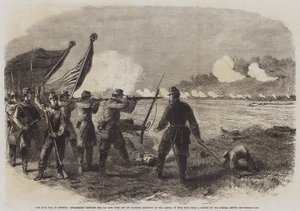 Borgerkrigen i Amerika, forlovelse mellom det 71. New York og et Alabama-regiment i slaget ved Bull Run (gravering) av English School