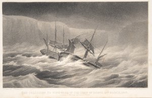 Kollisjonen, fra Oppdagelses- og forskningsreisen i de sørlige og antarktiske regionene av kaptein Sir James Clark Ross, utgitt 1847 (gravering) av English School