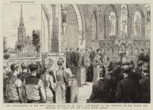 Innvielsen av den nye engelske kirken St Alban, København, i nærvær av prinsen og prinsessen av Wales og den danske kongefamilien (gravering) av English School