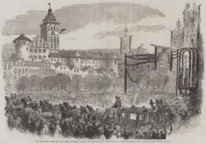 Kroningen av kongen og dronningen av Preussen, innreise i Konigsberg, dronningens vogn i prosesjonen (gravering) av English School