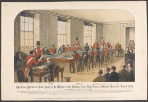 Løytets krigsrett. Perry fra H. Majesty's 46th Regiment, i messerommet ved Windsor Barracks, august 1854 (farge litho) av English School