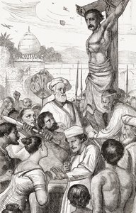 Korsfestelsen av en Karen-martyr fra Burma, ca. 1865 (tregravering) av English School