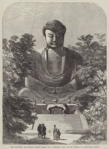 Daibodh, eller kolossalt bronsebilde av et buddhistisk idol, i tempelet i Kamakura, Japan (gravering) av English School