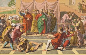 Ananias#39; død (fargelitografi) av English School