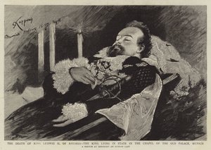 Døden til kong Ludwig II av Bayern, kongen som ligger i staten i kapellet i det gamle palasset, München (gravering) av English School