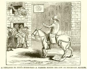The Defiance to Pitts Horse-Tax - En bonde som rir på kua til Stockport Market av English School